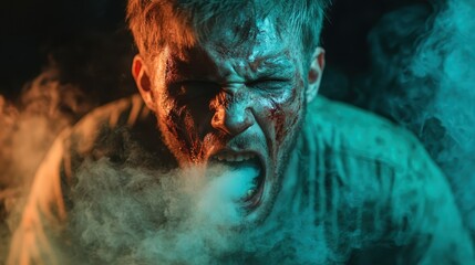 Obraz premium A fierce-looking man with blood on his face aggressively screams while surrounded by swirling smoke, capturing intense emotion and an explosive atmosphere.