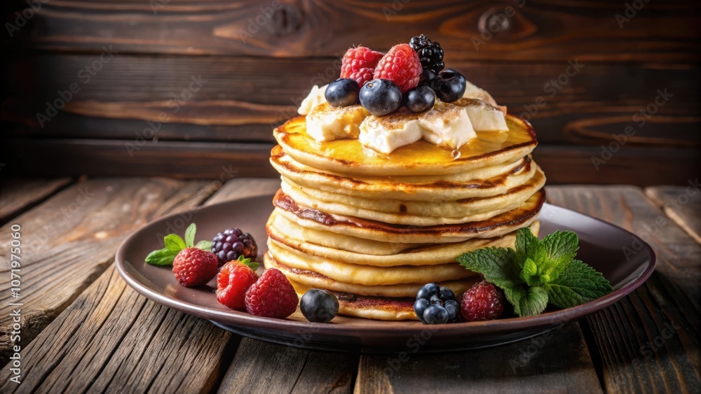 Poster a stack of fluffy pancakes drizzled with golden syrup and adorned with fresh berries and a sprig of 