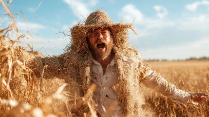 A man, dressed in straw clothing, passionately raises his voice amidst a wide open field, symbolizing freedom and a strong connection to the earth.