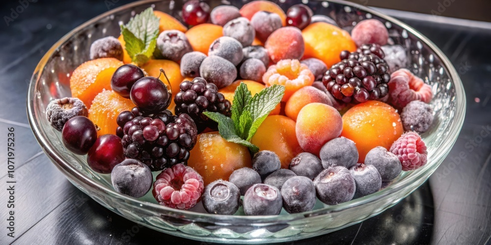 Aufkleber a frosted assortment of fresh berries and apricots in a glass bowl on a dark surface