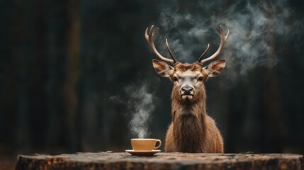 A majestic deer with antlers calmly sits beside a steaming cup of coffee on a tree stump, creating an unusual juxtaposition of wildlife and human culture deep in the forest.