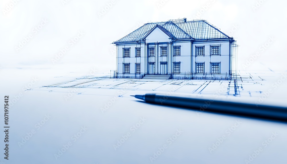 Poster a blueprint sketch of a house, illustrating architectural design concepts, with a pen positioned nea