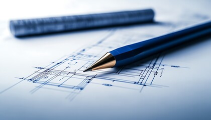 A close-up of a blue pen resting on a blueprint, highlighting the precision of architectural plans and the creative process behind design.