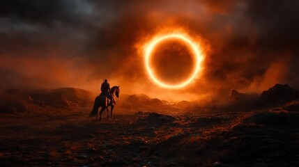 Obraz premium A rider journeys towards a fiery, glowing eclipse across a desolate landscape, capturing themes of adventure, determination, and apocalyptic beauty.