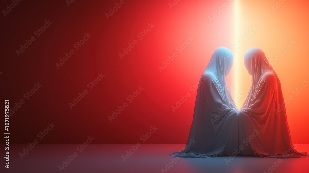Poster this image features two veiled figures facing each other under striking red and orange lighting, cre