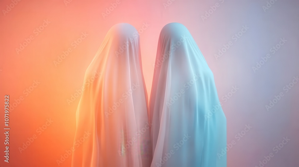 Poster a harmonious image of two shrouded figures draped in delicate pastel hues, creating a serene atmosph