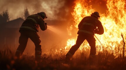 Fototapeta premium In this powerful image, two firefighters are courageously tackling a large outdoor fire, casting striking silhouettes against the backdrop of intense flames.