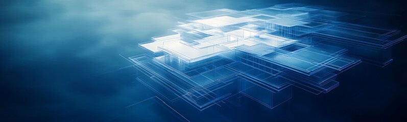 Obraz premium A serene depiction of an abstract digital landscape with luminous particles, evoking a sense of depth and tranquility in a blue-toned atmosphere.