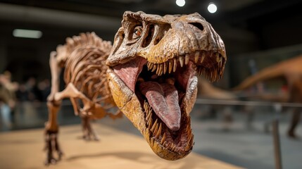 A well-preserved dinosaur skeleton is exhibited prominently under bright lights in a modern museum,...