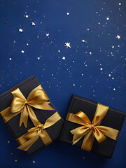 Black gifts with golden bows and ribbons placed on blue background near stars