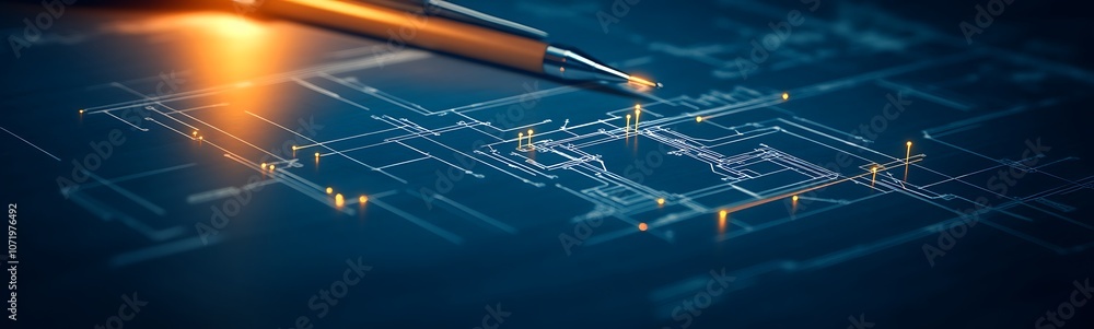 Poster a luminous pen draws intricate patterns on a digital blueprint, showcasing advanced technology and d