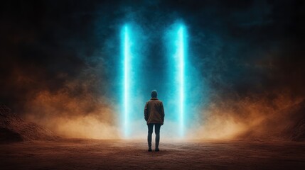 A solitary person stands before two vertical bright blue columns amid a mysterious smoky terrain, evoking a sense of wonder and contemplation.