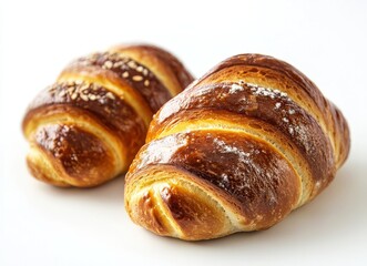 Fototapeta premium Two freshly baked croissants with a golden brown crust, isolated on a white background.