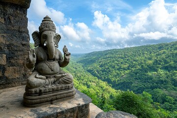 Obraz premium Beautiful Lord Ganesh statue in a serene mountain landscape, capturing spiritual essence, divine presence, and peaceful natural surroundings.