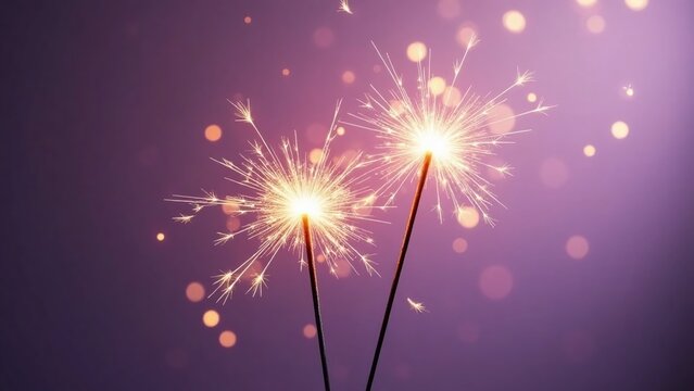 Two sparklers against softly blurred purple backdrop scene, scene-festive and sparklers-golden