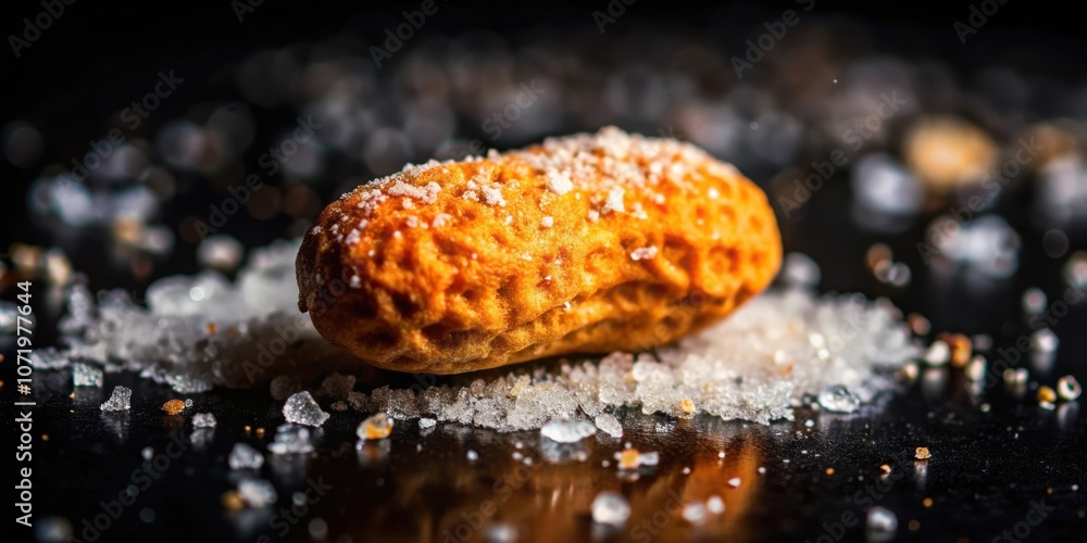 Poster a single crispy pastry dusted with sugar crystals and surrounded by scattered white sugar grains on 