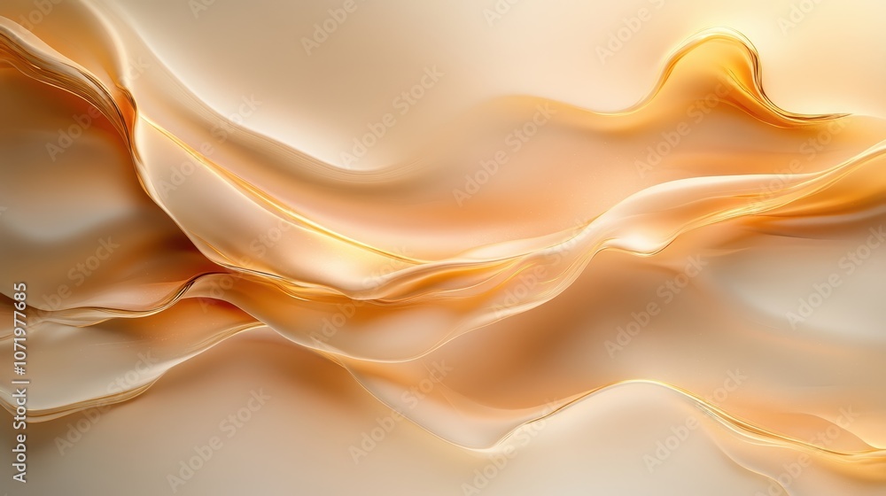 Poster graceful abstract waves flowing in a silky texture with a soft, golden color palette, creating a cal