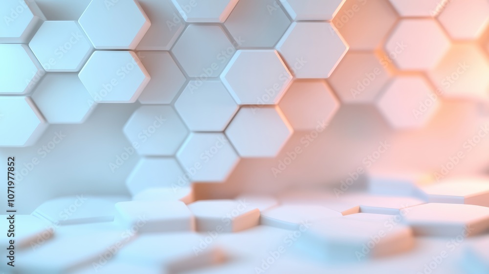Poster white hexagonal patterns arranged in a three-dimensional form, softly lit to highlight depth and dim
