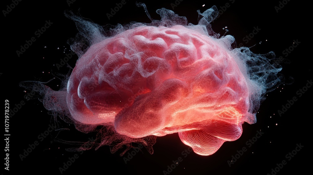 Poster a futuristic rendering of a brain in transparent red hues, surrounded by abstract smoke elements, re