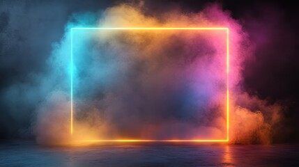 An eye-catching image of a square frame with neon lights surrounded by colorful clouds of smoke, blending hues of blue, pink, and orange in an artistic display.