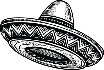 Vintage style hand-drawn Mexican sombrero hat illustration..