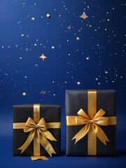 Black gifts with golden bows and ribbons placed on blue background near stars