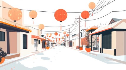 A serene street adorned with colorful lanterns, capturing cultural celebration and charm.