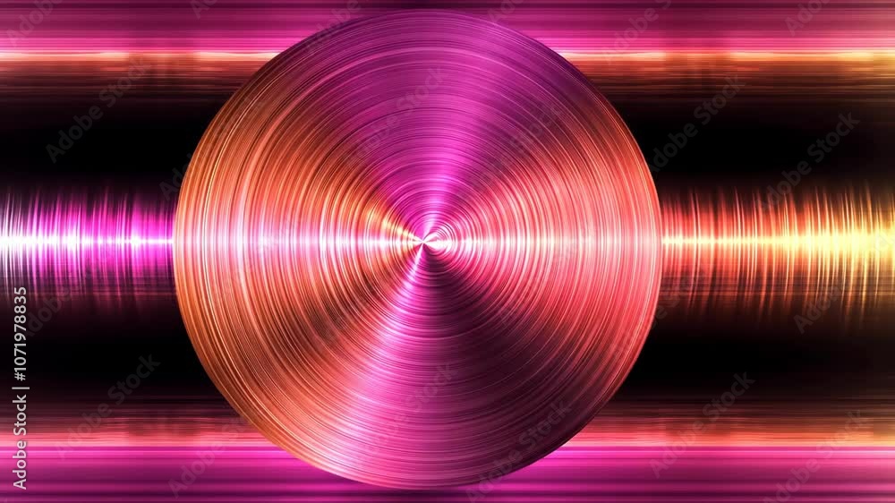 Poster a shiny, metallic circle sits on a background of pink and orange lines, creating a dynamic visual ef