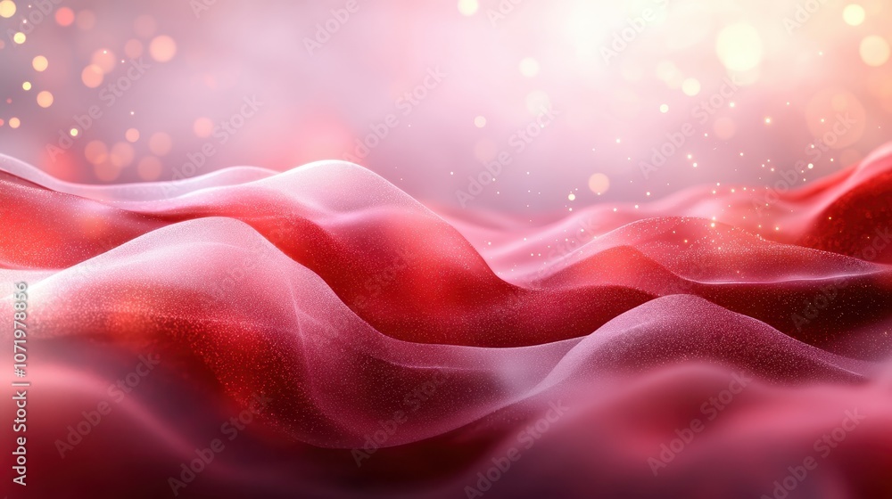 Poster Featuring undulating waves of what appears to be red silk with soft glimmering particles catching the light, creating a dreamlike and ethereal visual experience.