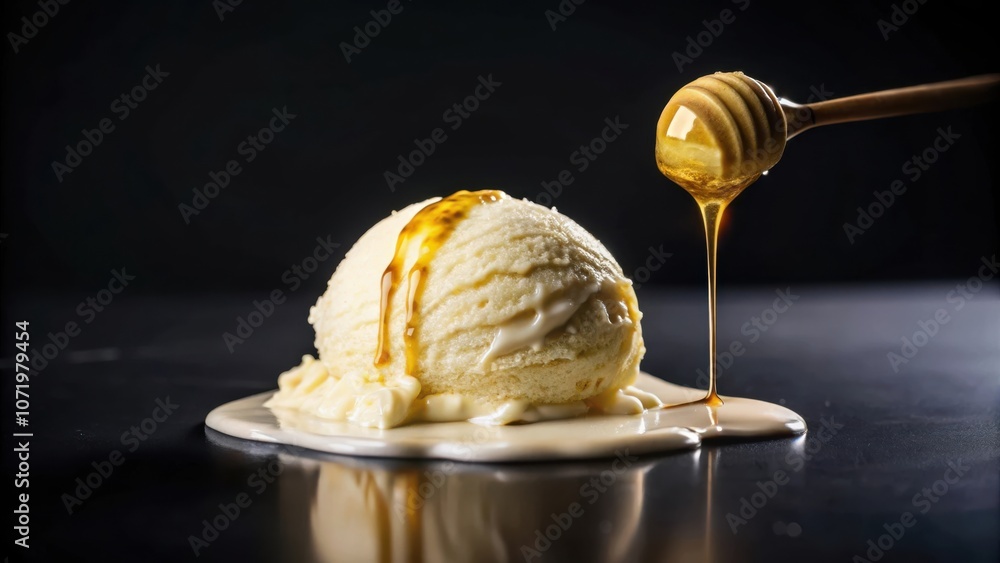 Poster a single scoop of melting vanilla ice cream with a drizzle of golden honey on a black surface.