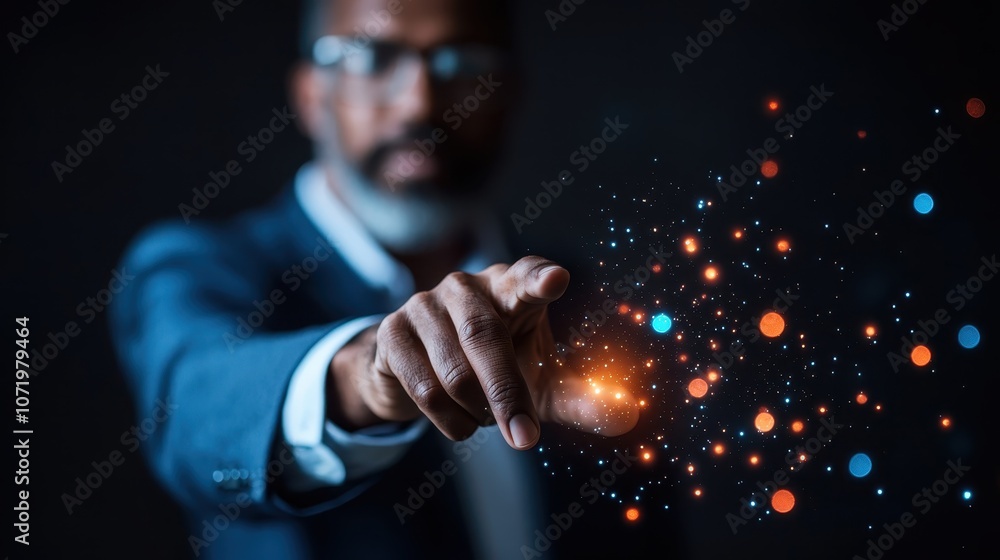 Poster a man interacts with glowing digital data, representing innovation, technology, and the connection b