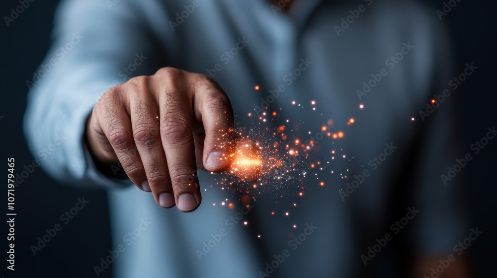 Poster an outstretched hand pointing amidst glowing particles, representing interaction with virtual realms