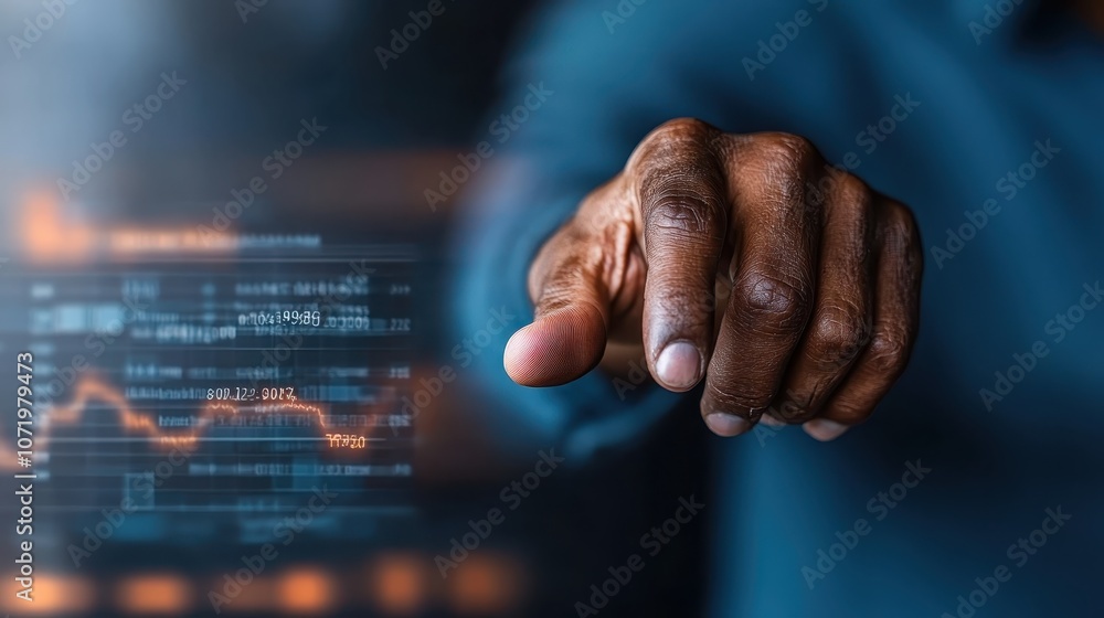 Poster a finger touches a digital market interface displaying data and trends, illustrating a connection wi