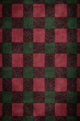Checkered fabric pattern, dark red and green color palette, wool material.