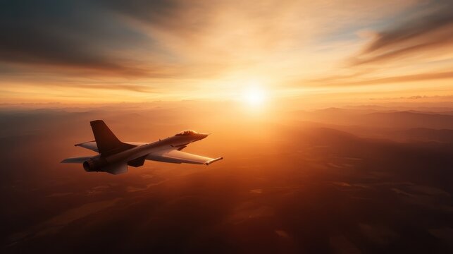 A sleek fighter jet soars across the radiant evening sky, showcasing its aerodynamic design as it cuts through the air with speed and power, bathed in sunset hues.