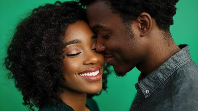 Young african american man lovingly kisses a woman on the cheek against a vibrant green screen, capturing their happy, tender relationship. Perfect for chroma key editing