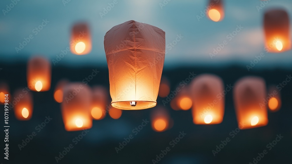 Poster A serene evening scene featuring a floating lantern with warm light, creating a magical atmosphere in the twilight sky.