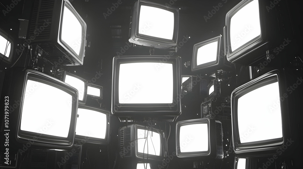 Poster 3d render of multiple tvs with white screens floating in space, monochrome design with a futuristic 