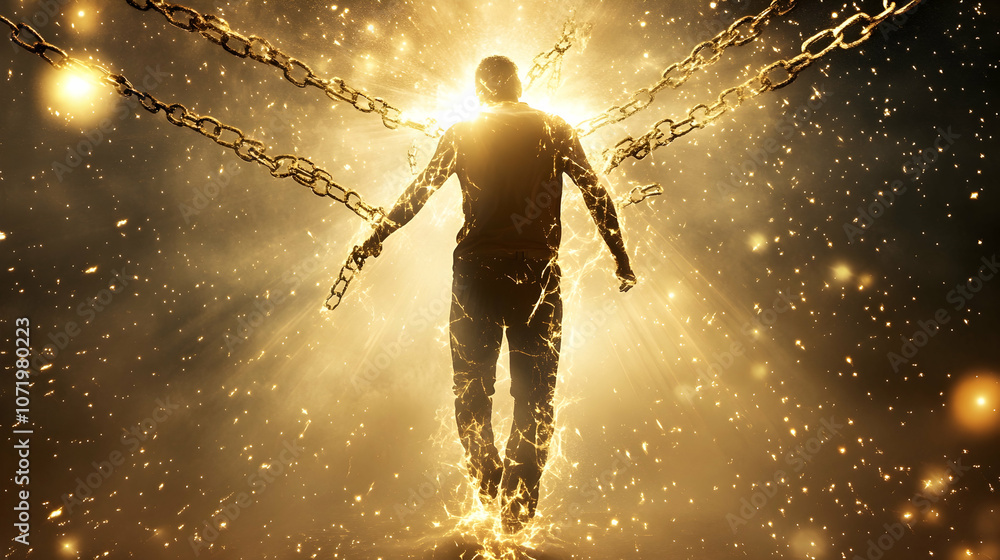 Poster a man breaking free from chains, with rays of light illuminating his path toward a better future -