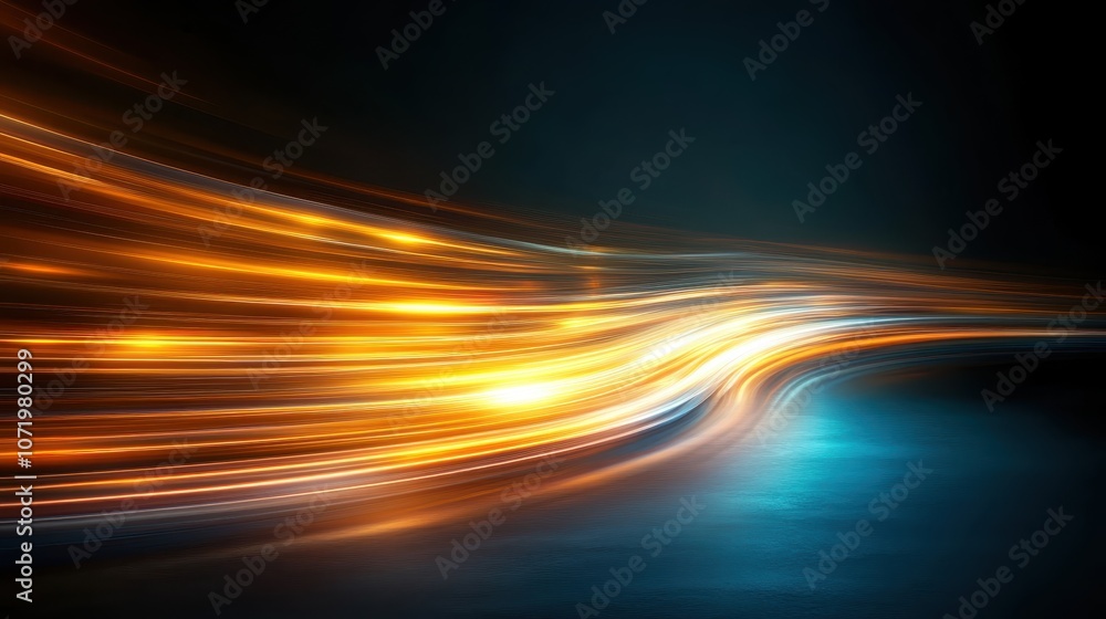 Poster a mesmerizing display of dynamic golden light trails streaming across a dark background, illustratin