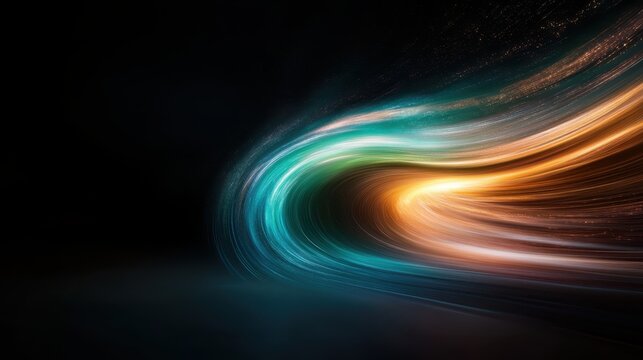 A dramatic sweep of turquoise and orange hues sculpt a vibrant tunnel against a black void, embodying energy, motion, and a journey through light.