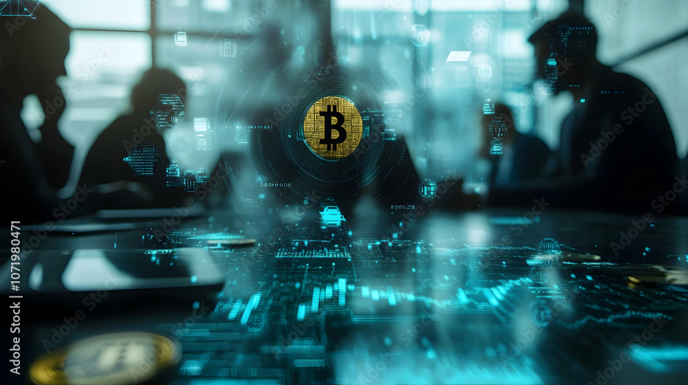 Poster abstract business meeting representation with money exchanged through digital transactions and bitco