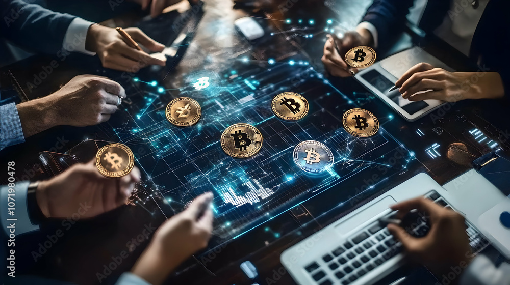 Poster abstract business meeting representation with money exchanged through digital transactions and bitco