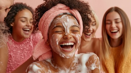 Friends surround one another in a vibrant spa environment with facial masks, displaying wide smiles and laughter, indicative of relaxation and friendship.