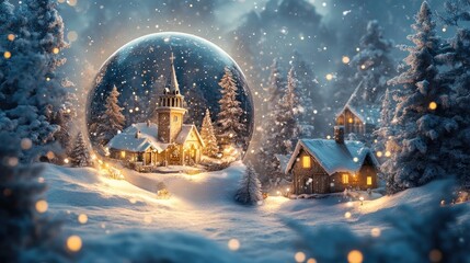 A winter wonderland village scene encased in a snow globe with a glowing church and snow falling.