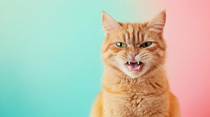 Obraz premium Angry cat baring its teeth in front of a pastel background with studio lighting -