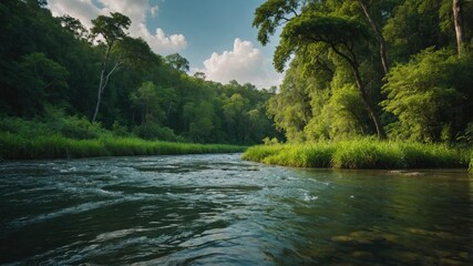 Fototapeta premium A tranquil river flows through a lush forest landscape during a sunny afternoon, showcasing vibrant greenery and serene waters