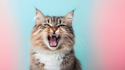 Fototapeta premium Angry cat baring its teeth in front of a pastel background with studio lighting -