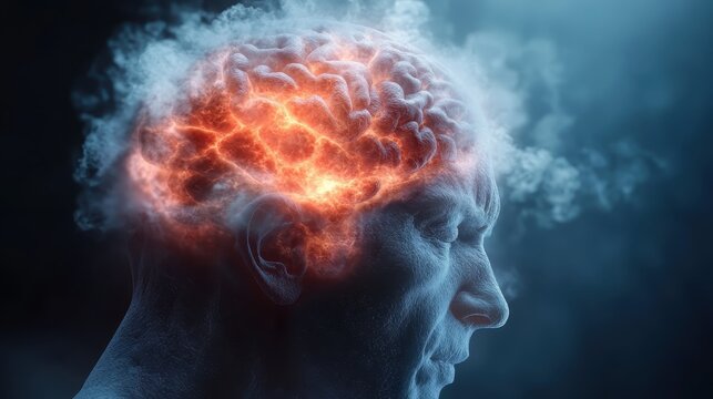 A dramatic illustration featuring a human brain with fiery colors spreading across the canvas, symbolizing creativity and thought in a visually captivating scene.