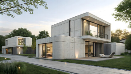 Modern concrete houses with large windows and green surroundings, showcasing contemporary architecture and design. serene landscape enhances aesthetic appeal